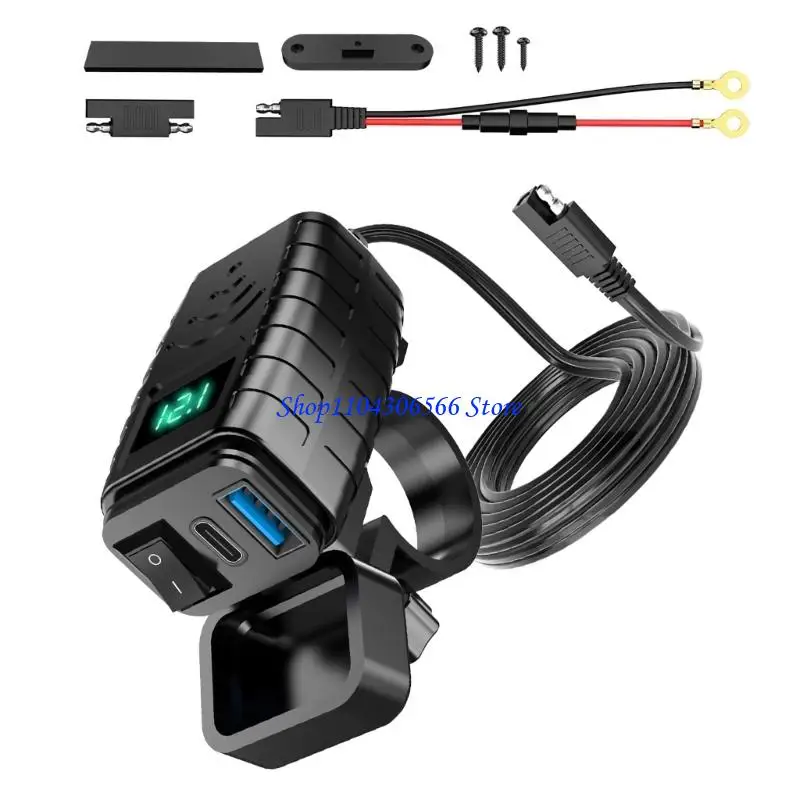 02DD High Speed Motorcycle Phone Charging Block 30W 18W and Digital Battery Display Plastic Bike Phone Mount Device