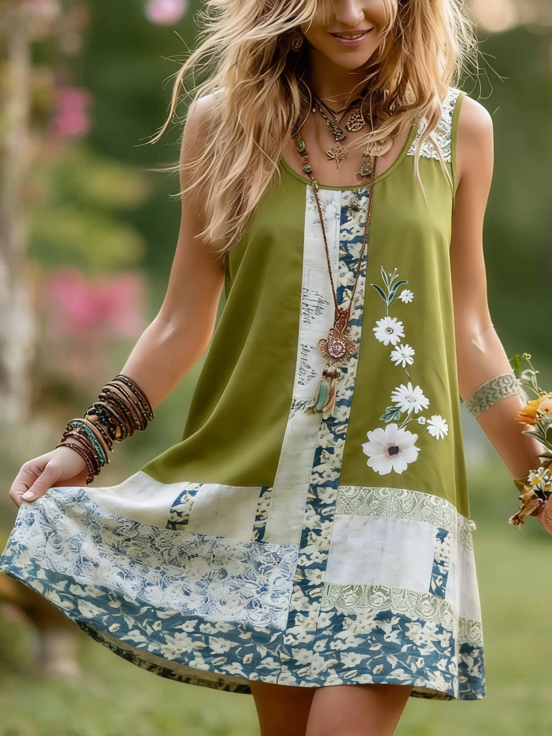 

Women's Spring/Summer Retro Ethnic Print Sleeveless Dress, Casual Everyday Dress