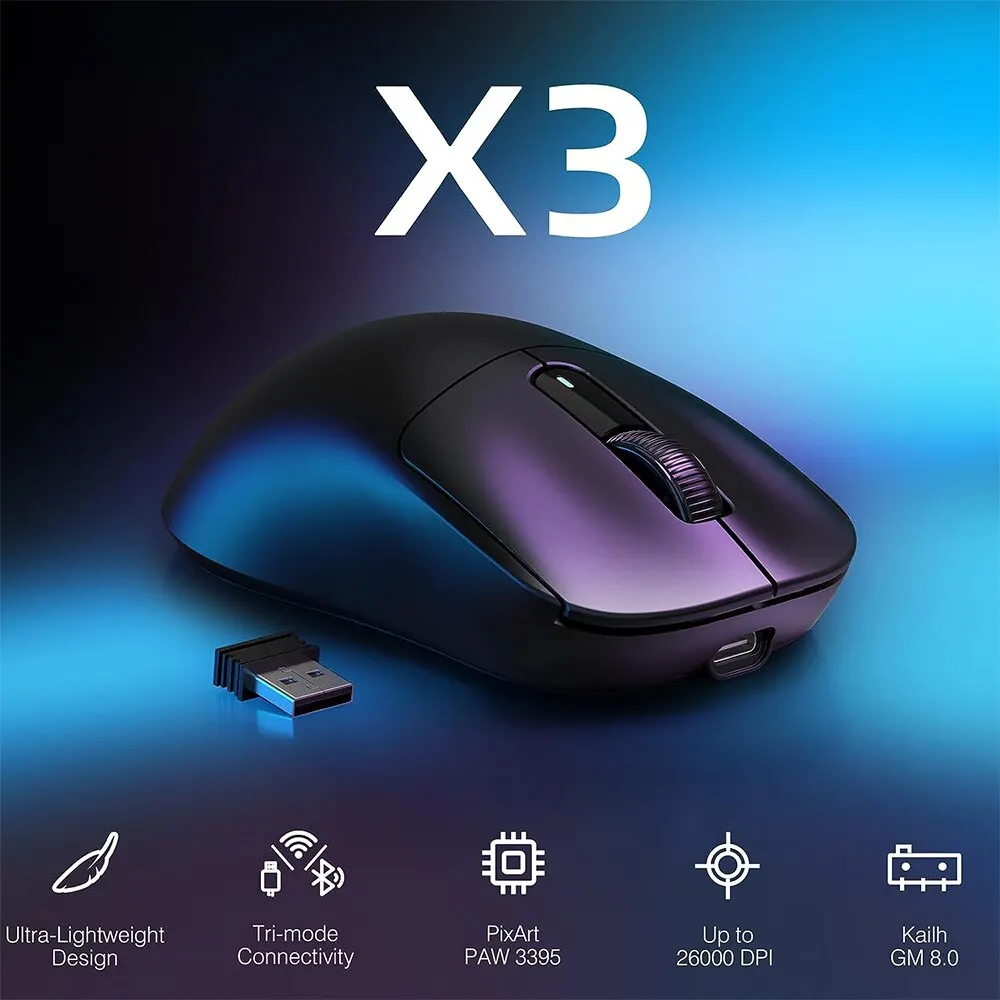 X3 Mouse da gioco Wireless leggero con 3 modalità 2.4G USB-C Bluetooth cablato 26K DPI PAW3395 sensore ottico per PC/Laptop/Win/Mac