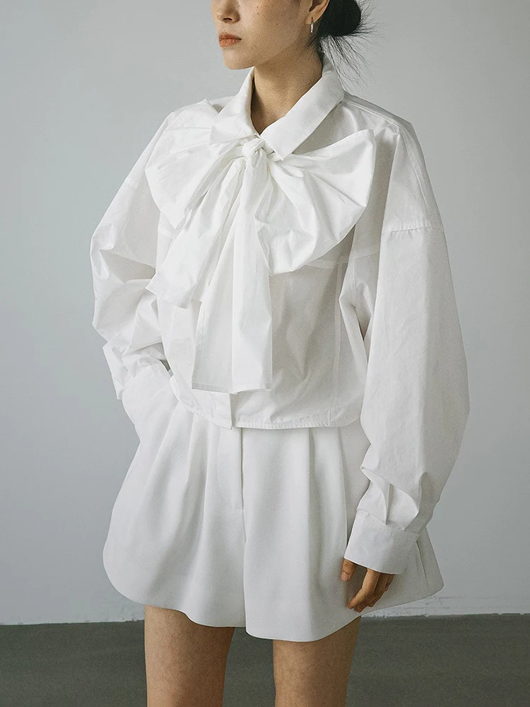 

Japanese Design Detachable Exaggerated Large Bow Tie Long Sleeve Short Shirt Women's Fashion Retro Style Cotton Blouse