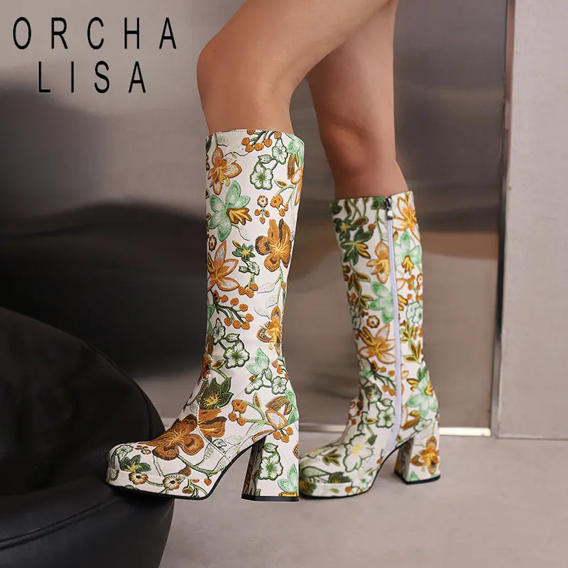 ORCHA LISA Fashion Women Boots Square Toe Block Heels 8cm Platform Flower Zipper Leisure Shoes Big Size 47 48 Knee High Bota 33