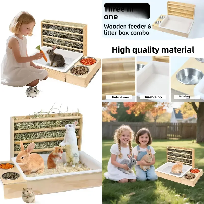 Wooden Rabbit Display Cage Hay Feeder Breeding Box Nest Set Household Quail Hamster House