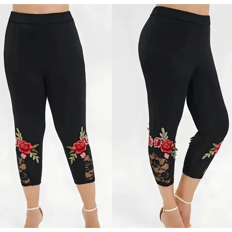 Women\'s Fashionable Lace Floral Print Solid Color Slim Fit Leggings Casual Fitness Calf Pants