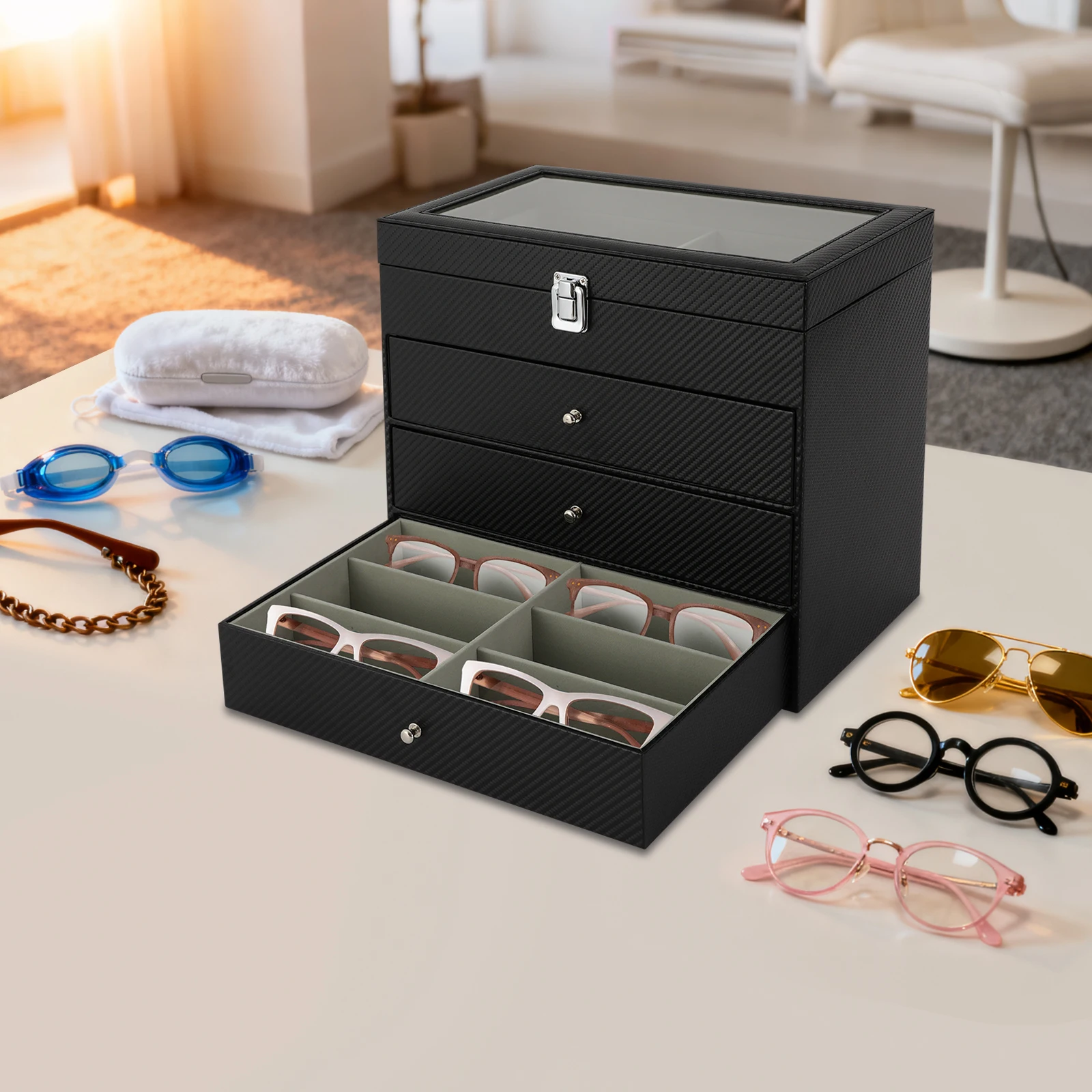 Brillen-Aufbewahrungsbox mit Deckel, Große Kapazität, Sonnenbrillen-Organizer, Schmucktablett mit Abdeckung