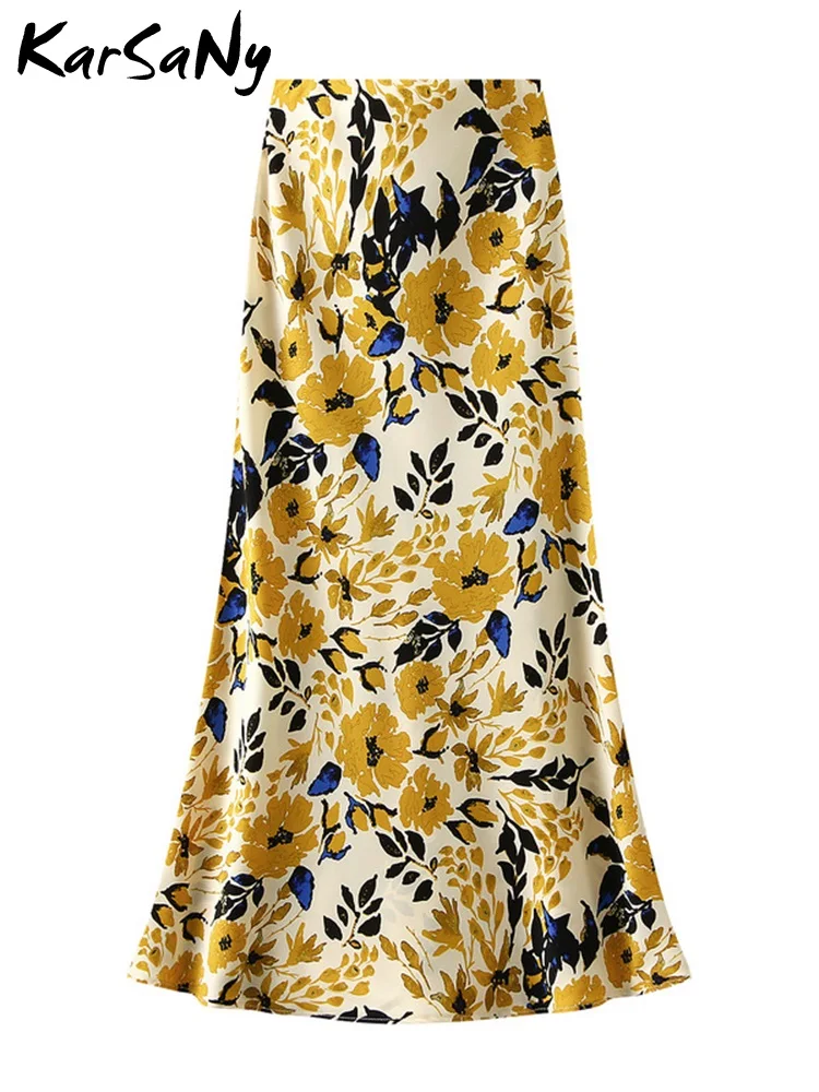 

KarSaNy Retro Floral Printed Skirts Women Summer Elastic Waist Fishtail Skirt Long Fashion Flower Print Skirt For Women Office