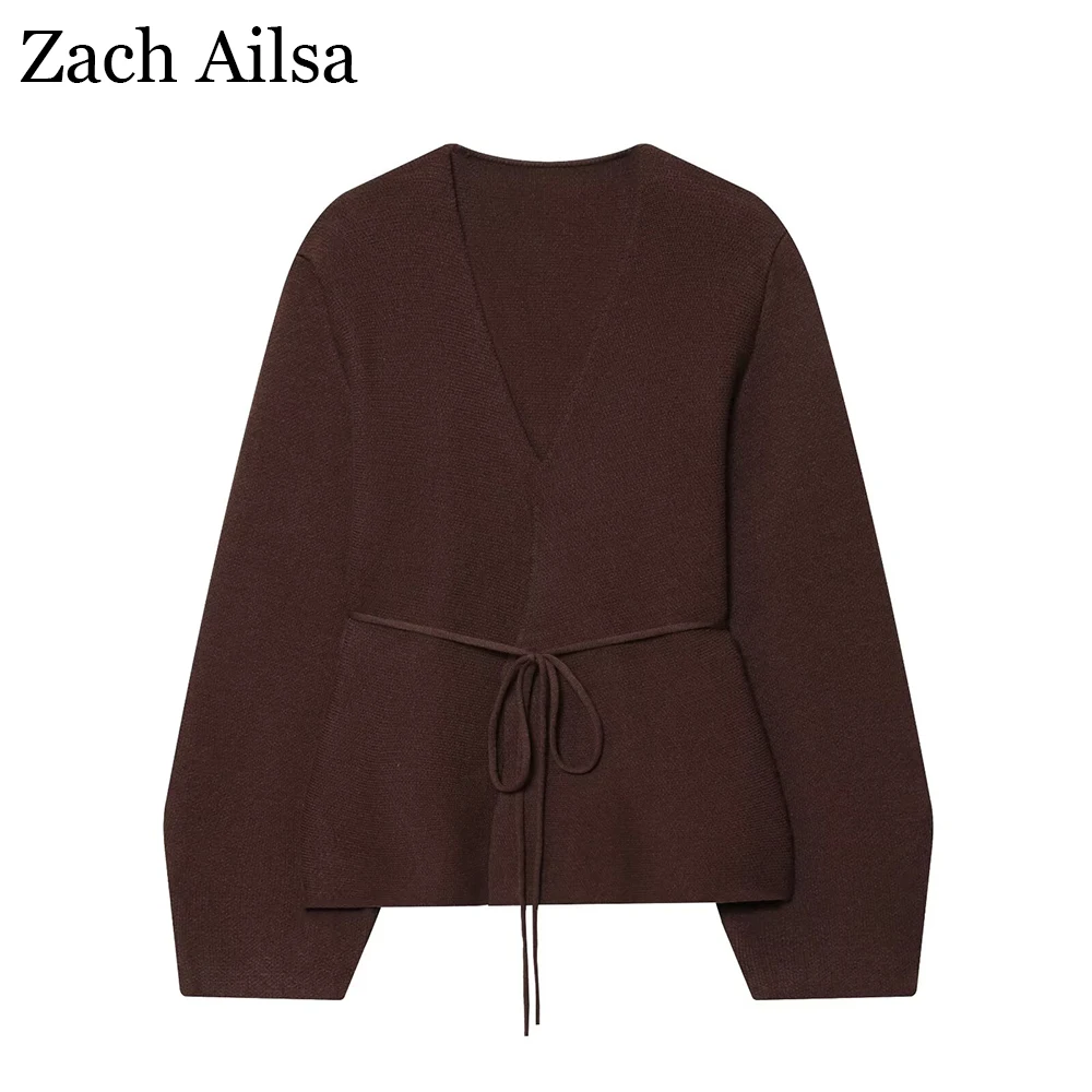 

Новый осенний женский кардиган в европейском и американском стиле с поясом, V-образным вырезом и длинными рукавами, вязаная куртка