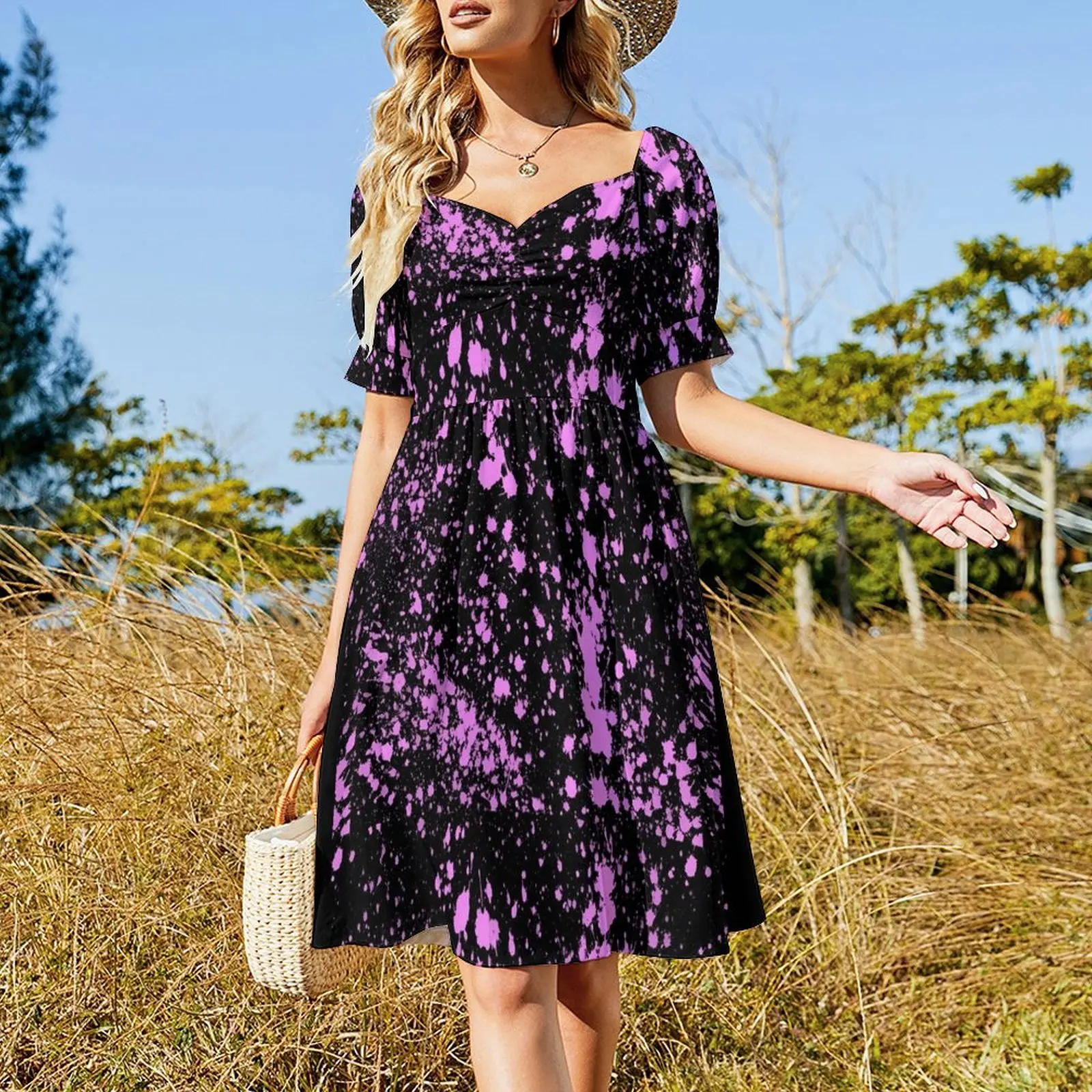 Pink Neon Paint Splatters Short-Sleeved Dress Dress vintage summer woman dress 2025