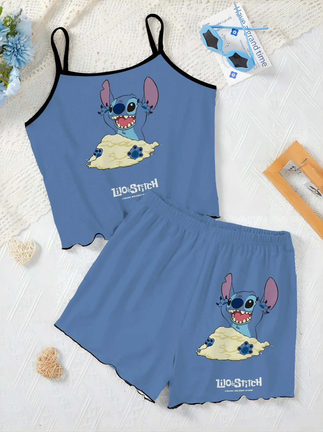 

Slip Dress Elegant Women's Sets T-shirt Pajama Skirt Lettuce Trim Top Stitch Disney Pieces Short Piece Outfit Summer Suit Disney