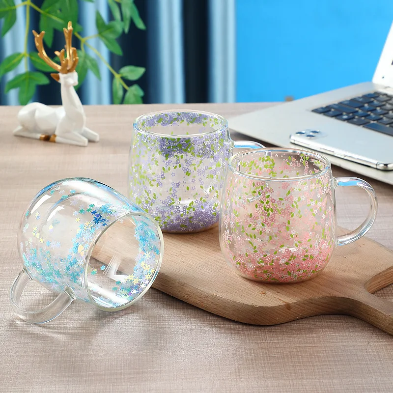 Double Wall Glass Cup with Pink Purple Blue Floral Glitters Lovely Heat Insulation Coffee Milk Shake Juice Glass Tumbler 1 Piece