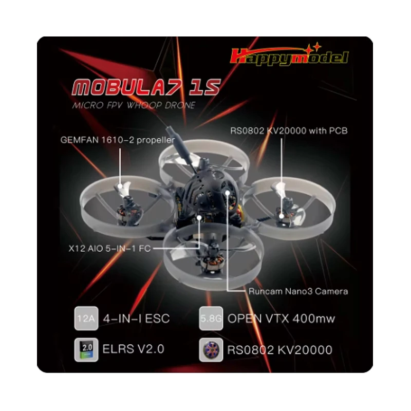 Happymodel Mobula7 Mobula 7 1S Micro FPV BWhoop Drone 5IN1 AIO Flight Controller Built-in 2.4G ELRS V2.0 RX Nano3 1/3 CMOS