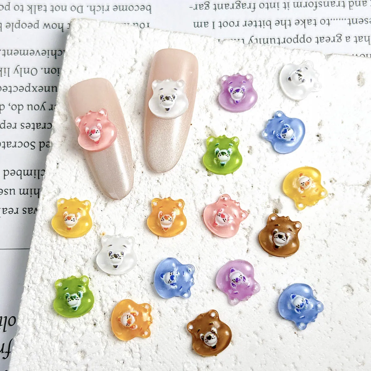50PCS Multiple Colors Cartoon Kawaii Bear Head Resin Nail Charms Creative Translucent Brown Bear Head Nail Art Decorations DIY
