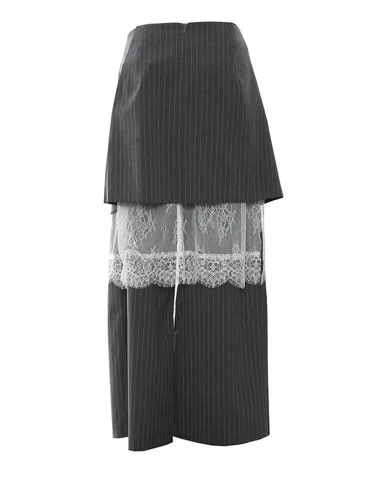 

Gray High Waist Lace Striped Long Wide Leg Elegant Pants New Trousers Women Fashion Spring Autumn 2026 9J9N