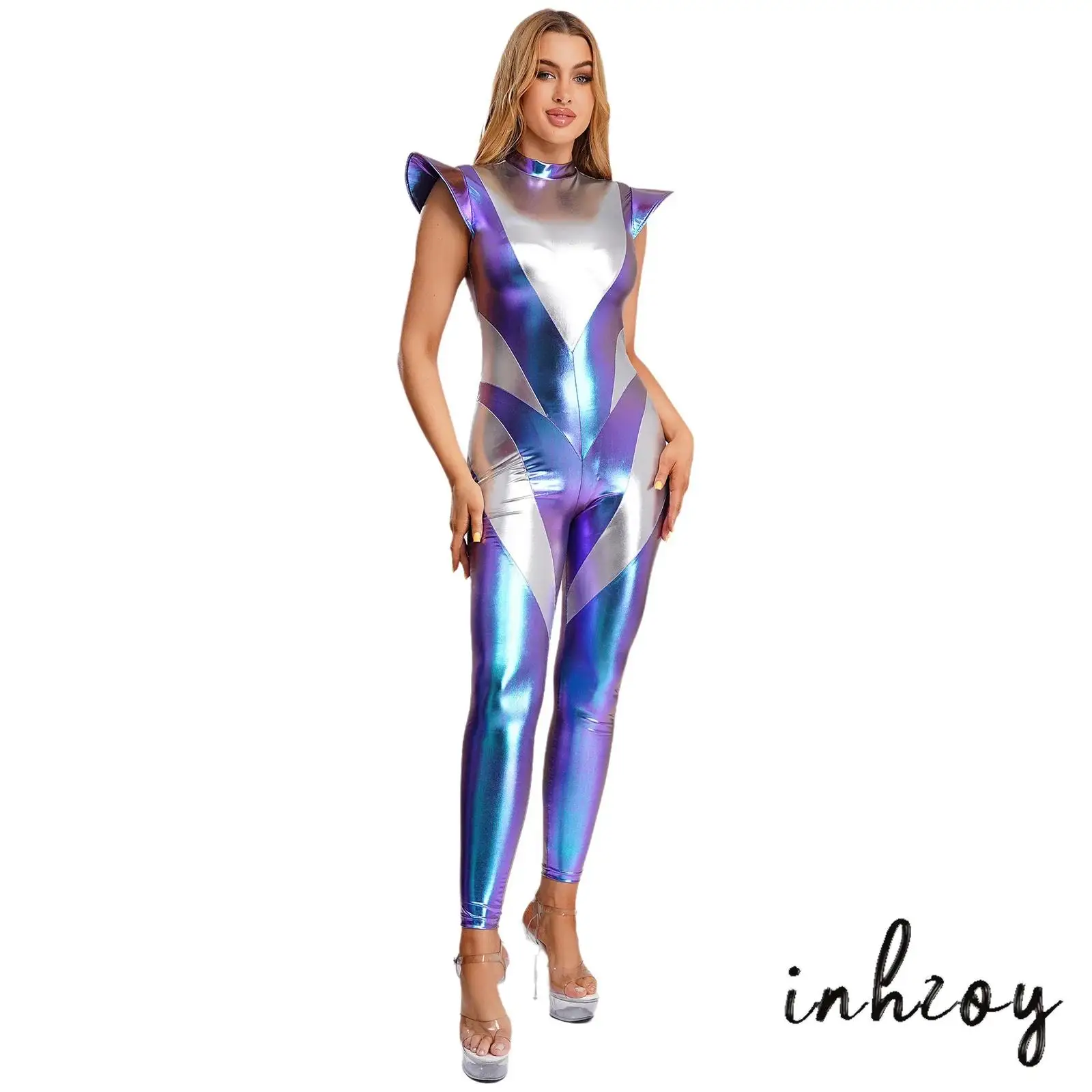 

Womens Cosmic Explorer Wear Fly Sleeve Leggings Pants Color Blocking Bodysuit Unitard for Alien Astronaut Role Play Jumpsuit