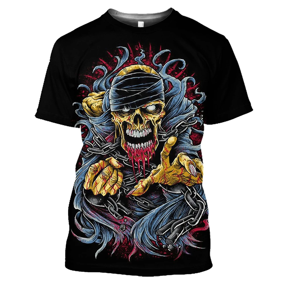 SONSPEE Summer New Pirate Skull Graphic 3D Print T-shirt  Men's Gory Skull Bandage Pattern Short Sleeve Round Neck Oversiz Top