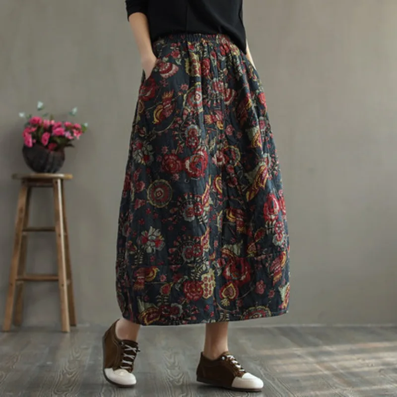 

Осенне-зимние юбки, женские ретро-принты, свободная толстая эластичная талия, женская модная одежда до щиколотки