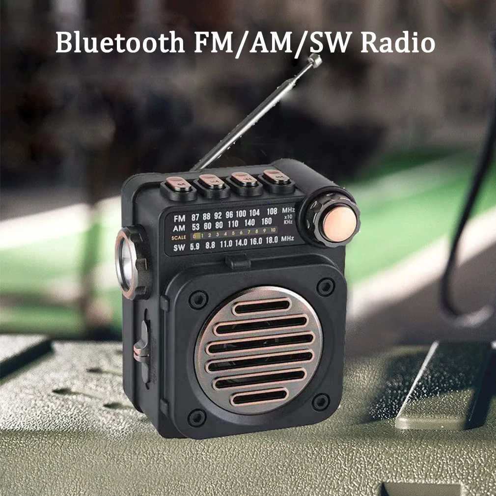 Portable Bluetooth Radio Mini Pocket Radio FM AM SW Radios Receiver Multifunctional Wireless Music Player with LED Flashlight