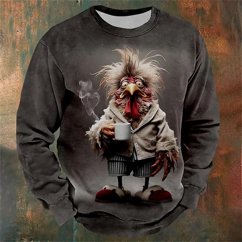 

New Tired Chicken Pattern Sweatshirts Men Funny Animal Fashion Pullover Men Long Sleeve Top Loose O Neck Casual Street Clothing