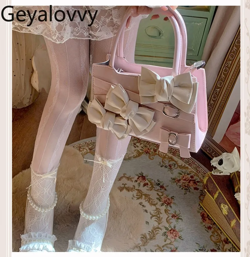 

Japanese Original Bowknot Strap Metal Buckle Handbag Sweet Cute Elegant College Princess Style Leather Makeup Shoulder Bag