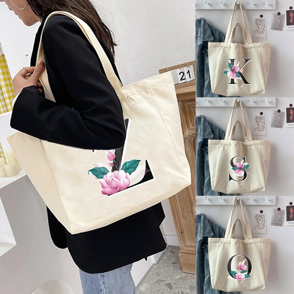 

Ladies Shopping Handbags All-match Canvas Large Capacity Foldable Whitemarble Letter Printed Shoulder Bags Organizer Tote Bags