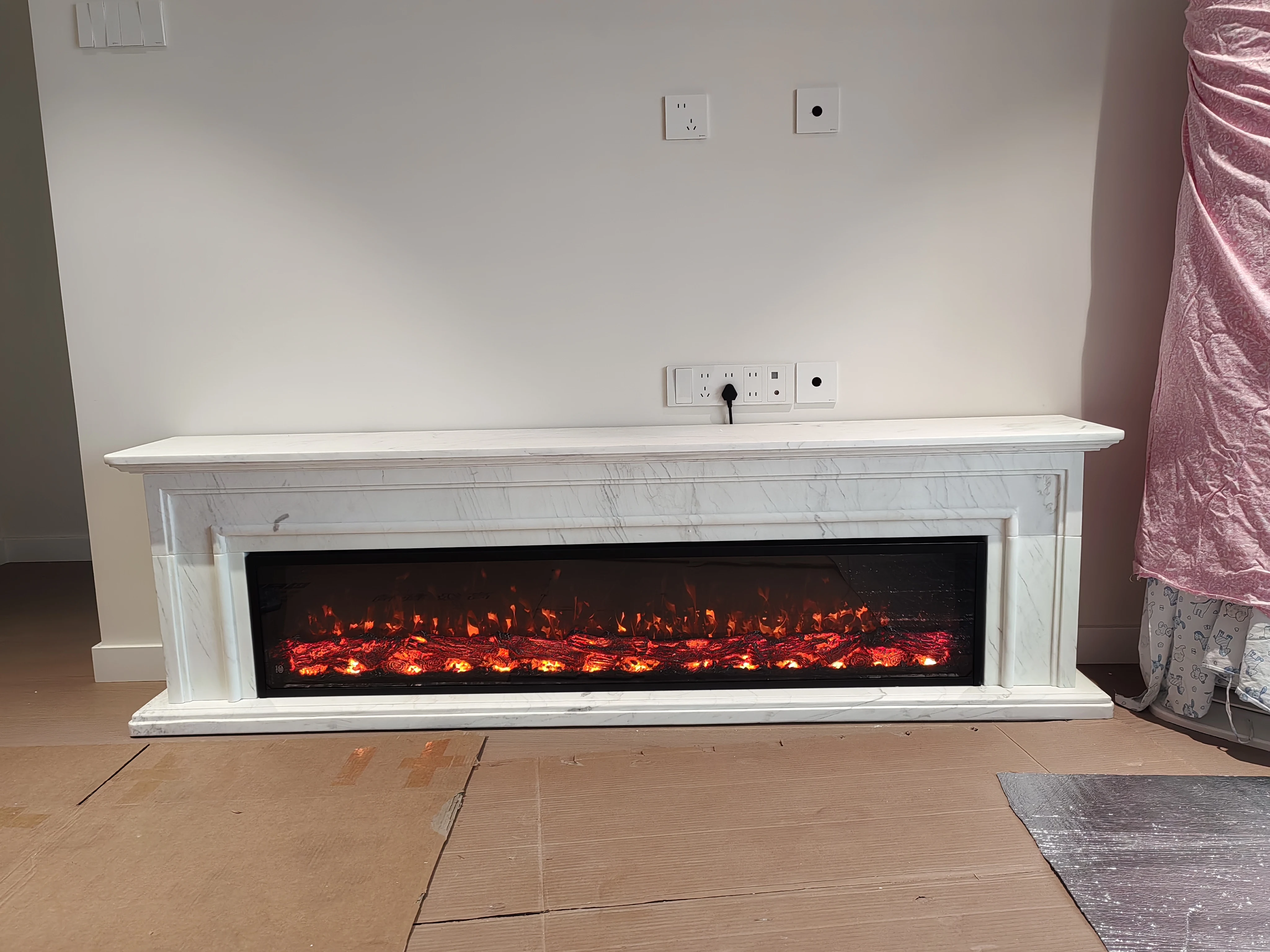 A White Marble TV Cabinet, Stone Mantel, Marble Fireplace, Beige Fireplace, Flat Line Fireplace
