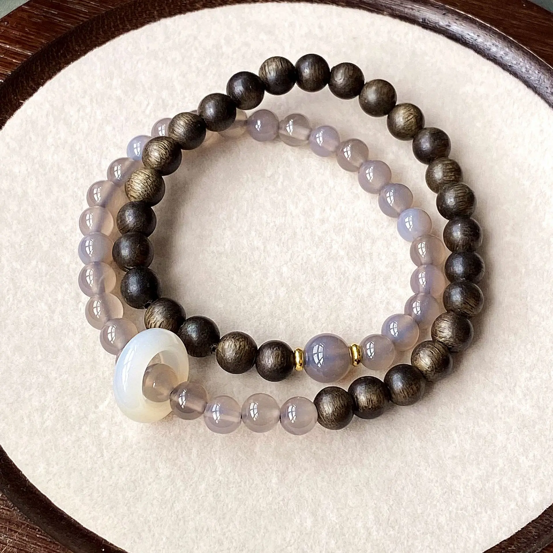 Agarwood with smoke purple agate, gray agate running ring double-layer 2-circle, bracelet, Wenwan bracelet single-circle bracele