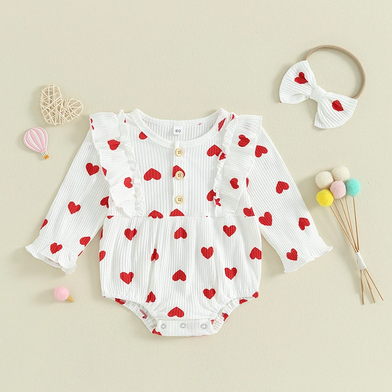 Tregren 0-18M Infant Newborn Baby Girls Ruffle Romper Cute Heart Print Long Sleeve Button Jumpsuit with Headband Spring Bodysuit