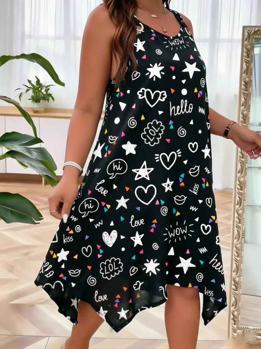 

Plus Size Women's Summer Dress Graffiti Star Heart Print Sleeveless Halter Neck Casual Loose Tunic Sundress Black