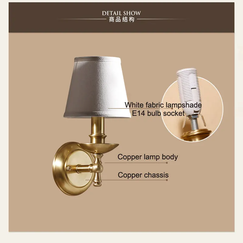 Imagem -03 - Americano Retro Todos Copper Fabric Wall Lights Sala de Estar Quarto Cabeceira Espelho Lâmpada Frontal Corredor Lâmpada Escada Estilo Europeu