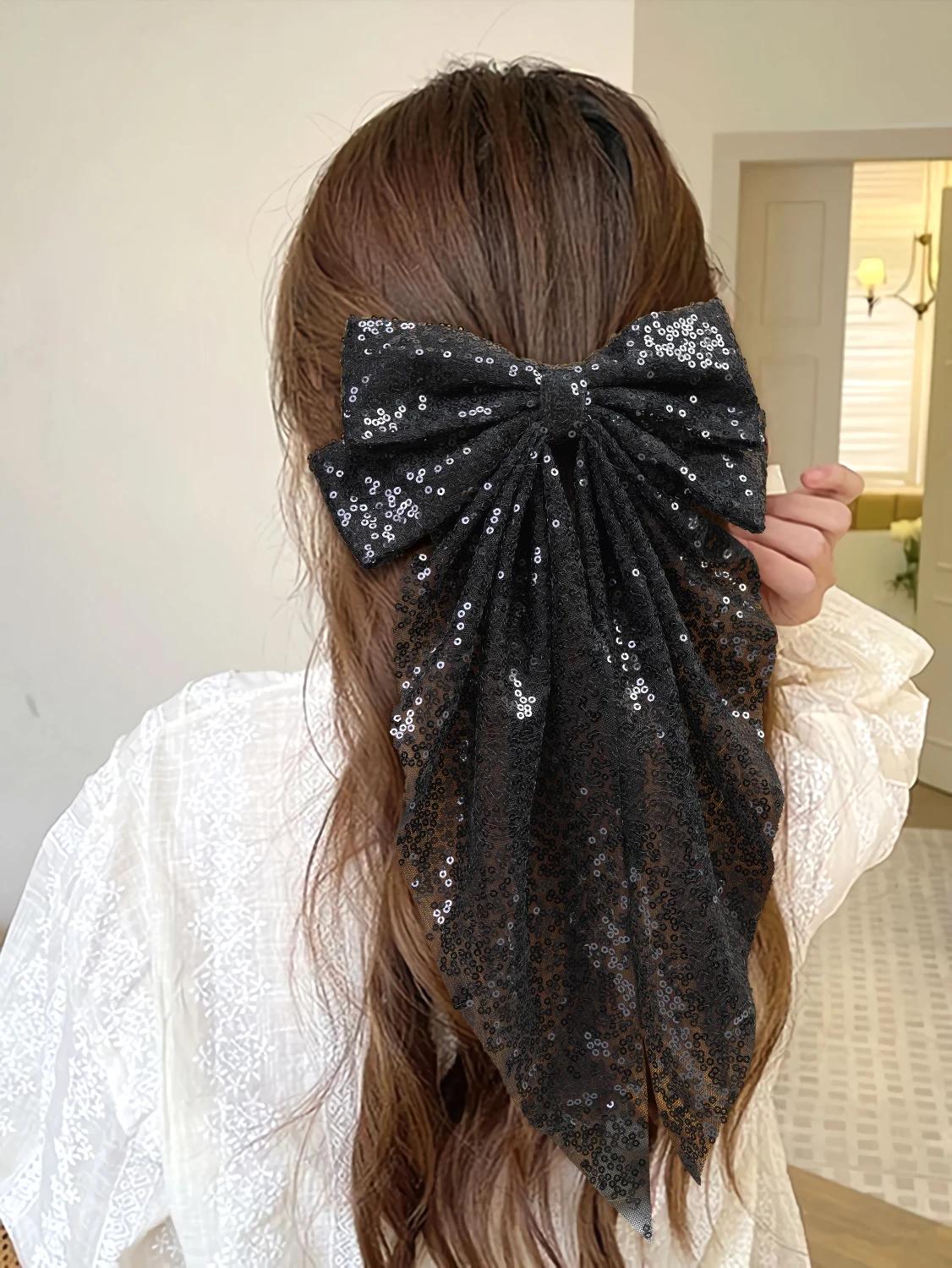 1Pcs Large bow Bling Sparkly Sequins  ribbon Alligator hair clips Barrettes Party Girls Kids  For Women Girls   Hair Accessories