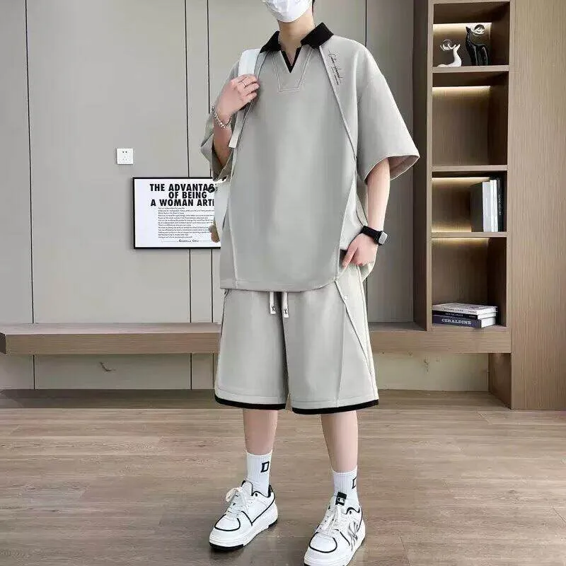 大きいサイズ-300ポンド-ポロシャツ-半袖-アイスシルク-vネック-メンズ-夏用-ユース-スポーツ-ショーツセット-カジュアル-レジャー-ウェア