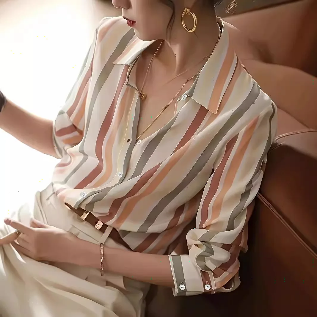

2025 Women'S Casual Shirt Vintage New Color Striped Printed Shirt Summer Clothes Korean Fashion Shirts and Elegant Womens Tops