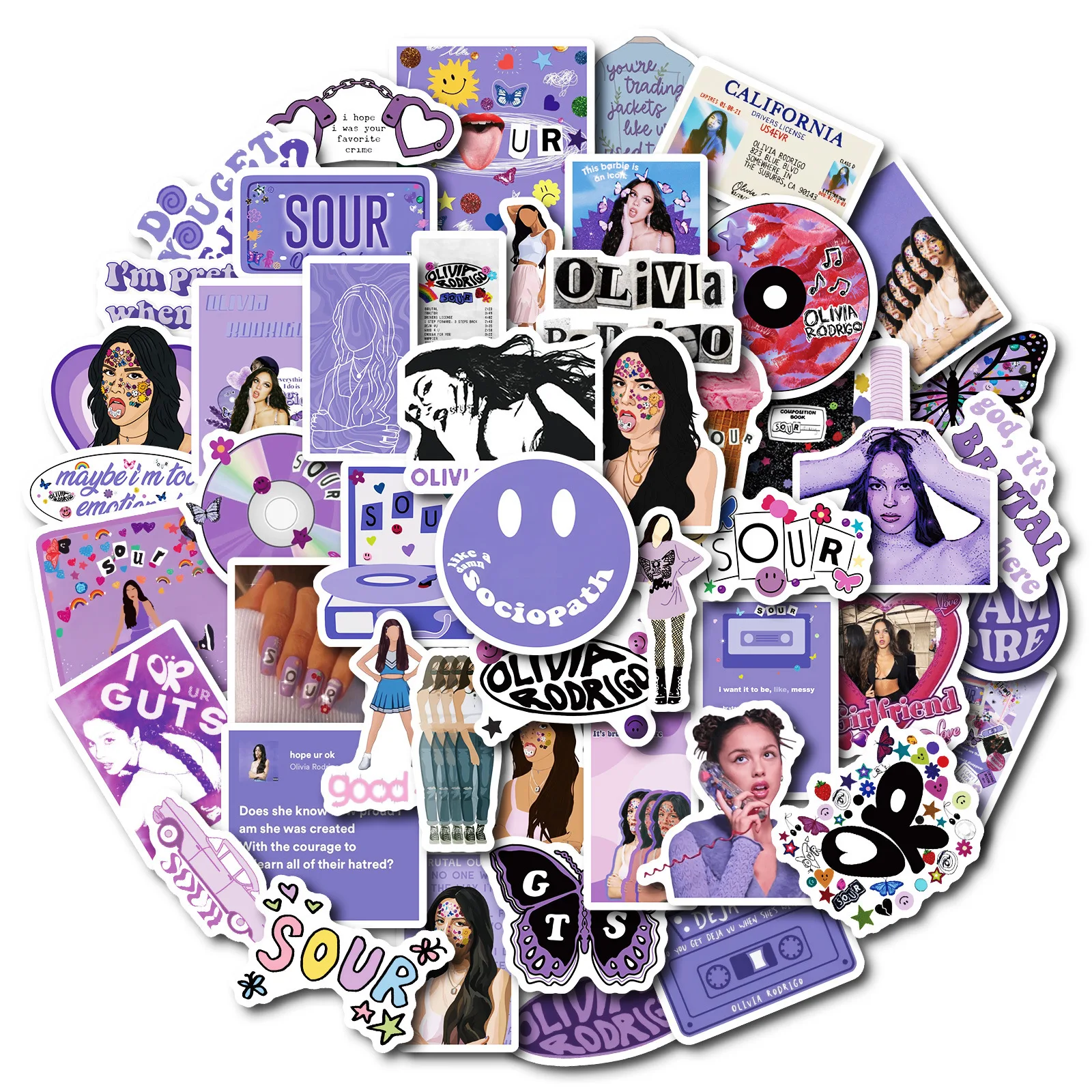 50Pcs Purple Series Decoration Stickers Smiley Face Vinyl Record Ice Cream Nail Art Waterproof Decals DIY Craft Sticker Pack