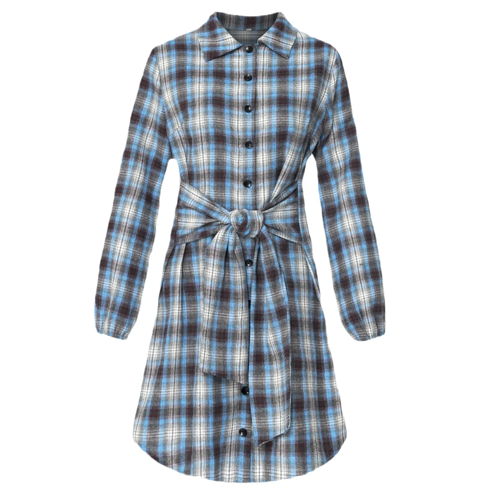 Frauen Casual Gürtel Hemd Kleid Femme Mode Langarm Henley Farbe Block T Plaid Tunika Tops Kleid Herbst Lange Shirts bluse