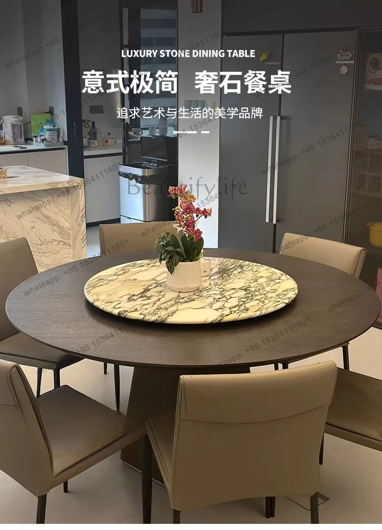 Medieval smoked solid wood natural marble dining table round large white luxury stone turntable dining table 1.35 meters