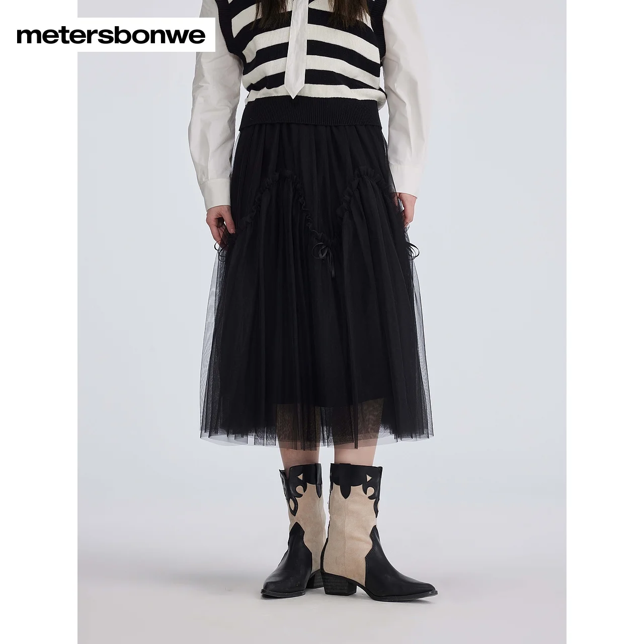 Metersbonwe-women's high-density elastická pletivo načechraný sukně  mid-calf délka bow-tied gáza sukně sladké zaměnit jaro léto