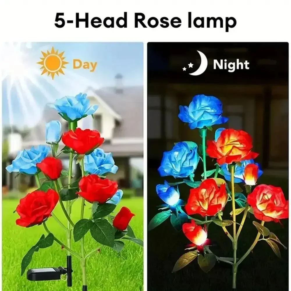 3-head LED Rose Solar Light, Waterproof Ground Plug Lamp for Lawn Patio Garden Wedding Birthday Holiday Decor Flower Light