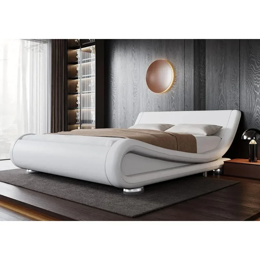 

bed frame with ergonomic and adjustable headboard, understated modern padded platform sled design