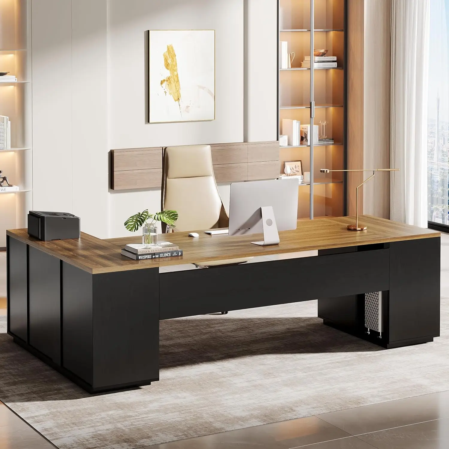 

85.8" L-Shaped Executive Desk with File Drawers Cabinet Shelves Office Home Business Workstation Brown Black, Customized