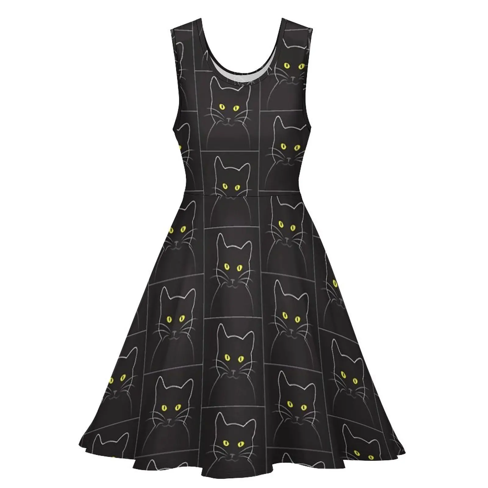 Black Magic Cat Dress Cute Animal Print Elegant Dresses Sleeveless Street Wear Oversized Skate Dress Ladies Pattern Clothing