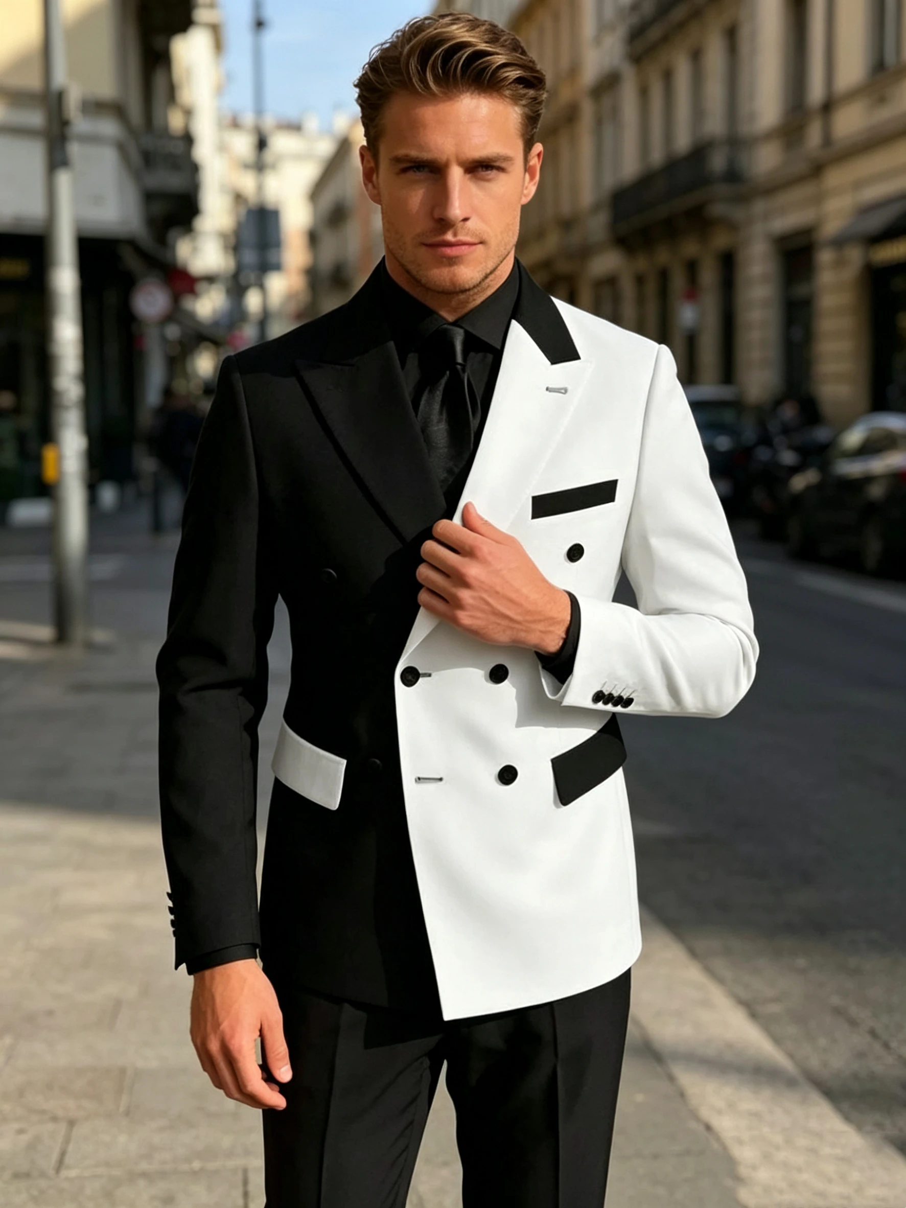 

Black White Men Suits 2 Piece Double Breasted Peak Lapel Outfits Fashion Business Slim Fit Formal Wedding Party Groom Tuxedo