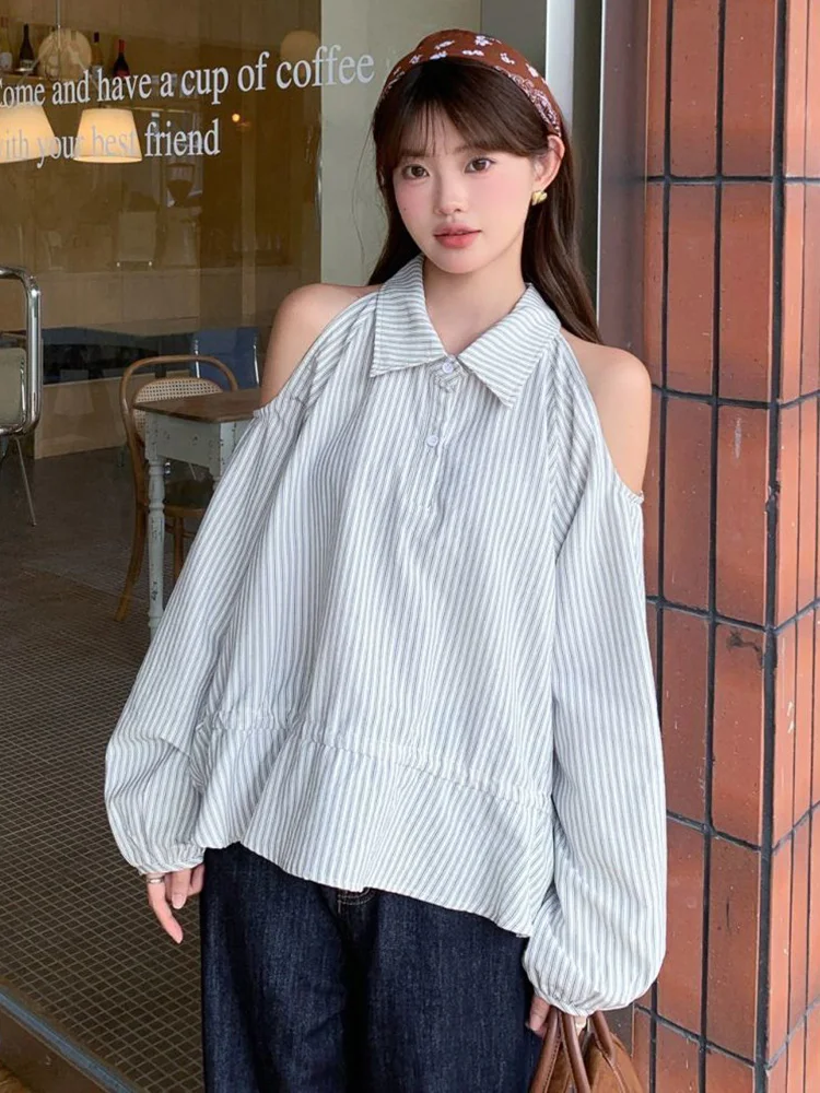

Women Off Shoulder Striped Shirt Loose Long Sleeve Hollow Out Sweet Blouse Fashion Korean Spring Female Casual Elegant Sexy Tops