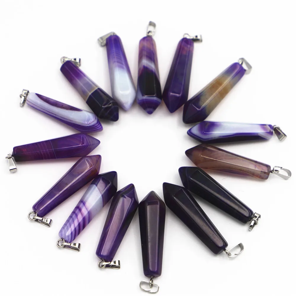 

New Fashion Natural Stone Pillar Points Men Pendants Purple Agates Onyx Spiritual Charms for Women Jewelry Wholesale 24pcs