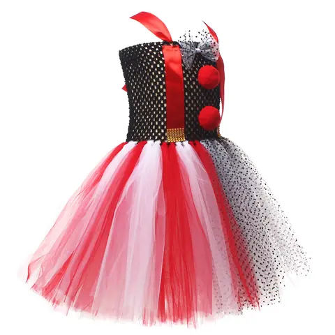 Çocuk Kız Palyaço Kostümü Puantiyeli Tül Elbise Eşleşen Saç Klipleri Eldiven ve Kolluk Cadılar Bayramı Cosplay için