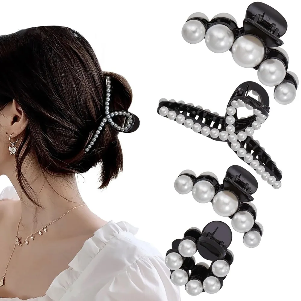 

4 PCS Large Black Pearl Hair Claw Clips Fashion Barrette Clamps Styling Tools for Thick Thin Hair Women Girls Party Wedding