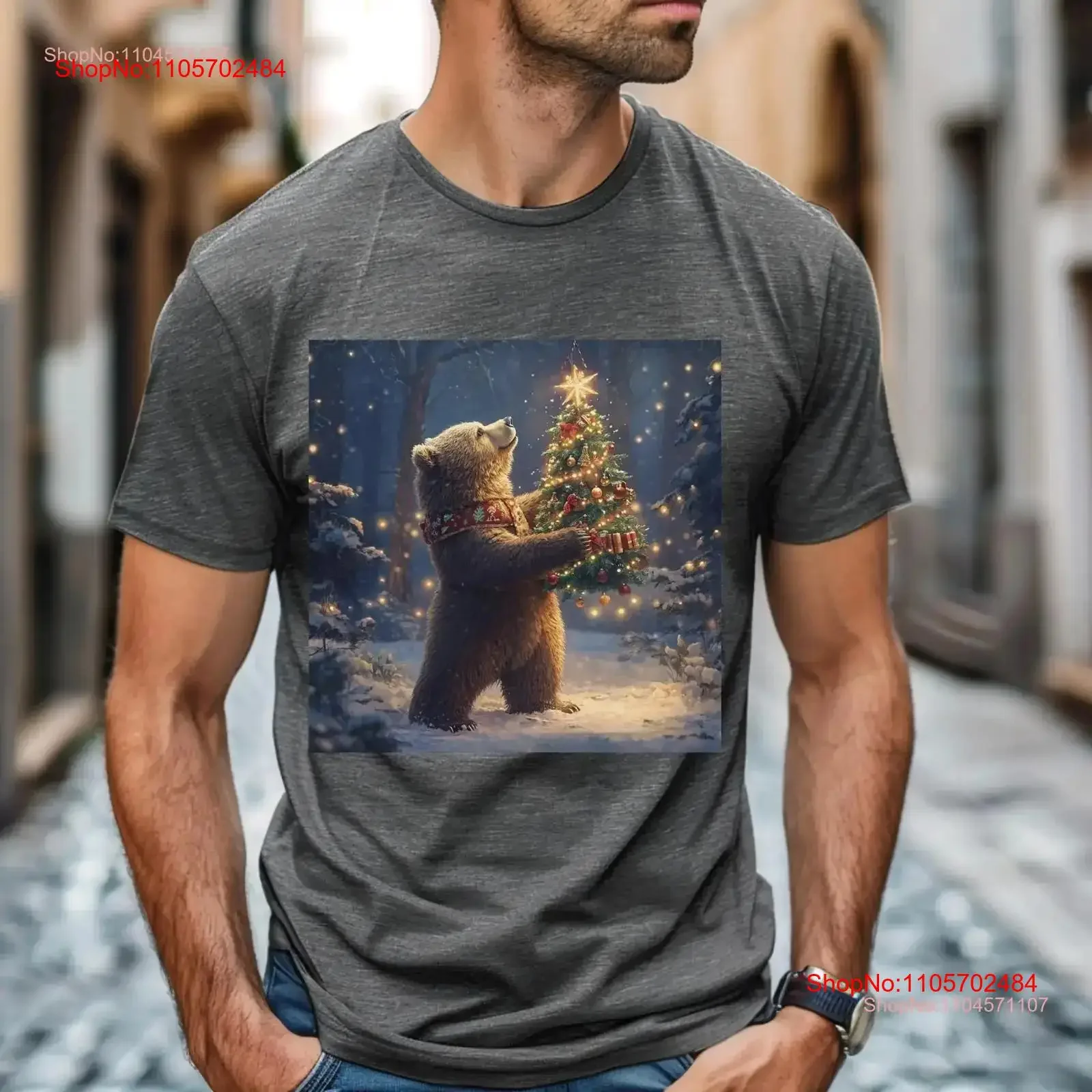 Festive Bear Christmas Tree T Shirt Theme Animal Grizzly Art Ideas vintage Washed streetwear Unisex designer clothes homme