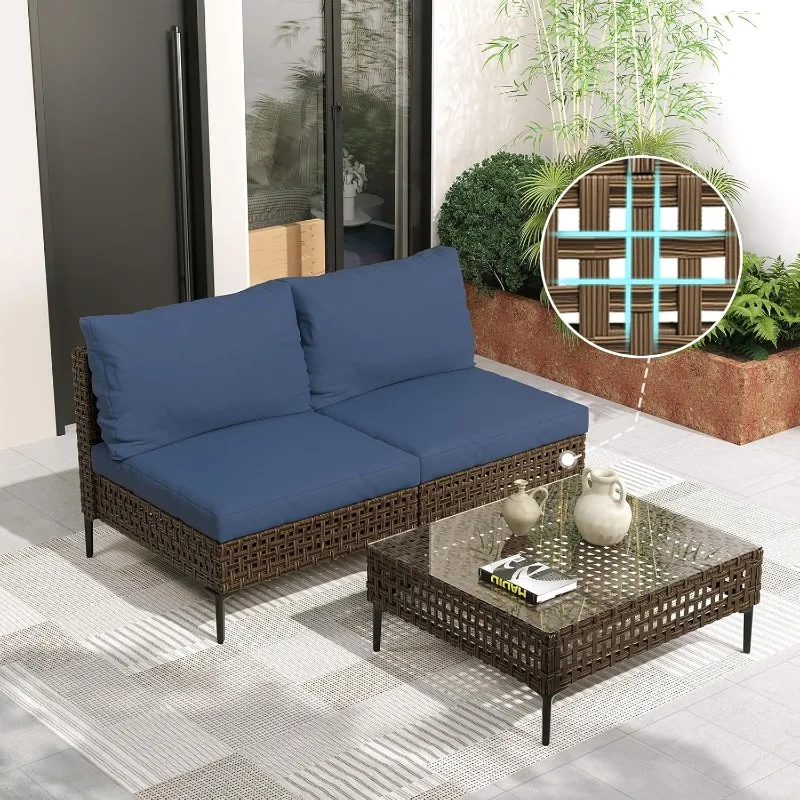 Three Piece Wicker Patio Furniture Set, Vintage Outdoor Combo Sofa with Waterproof Blue Thick Cushions and Coffee Table