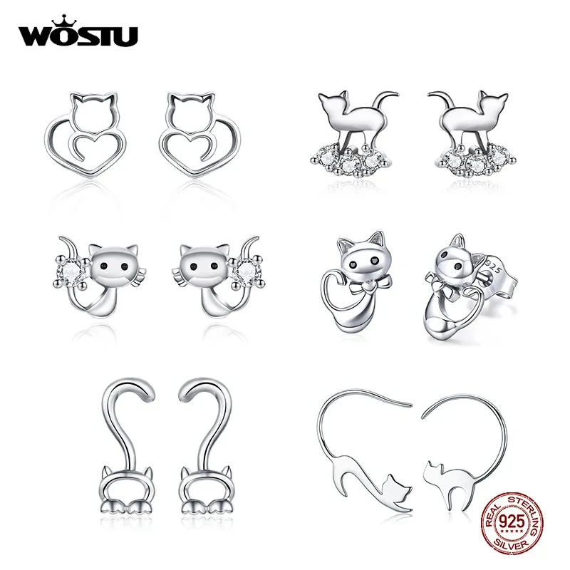 WOSTU Prawdziwe 100% 925 Sterling Silver Lovely Cat Pet Kolczyki sztyfty dla kobiet S925 Srebrny kolczyk Biżuteria modowa Prezent FIE073
