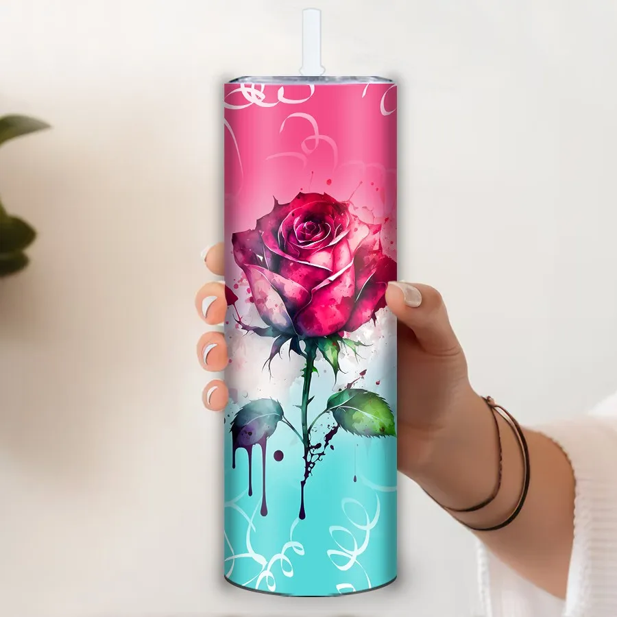 20oz 3D Print Bloody Rose Festive Party Tumblers Straw Lid Stainless Steel Seamless Inflated Coffee Vacuum Cups Birthday Gifts