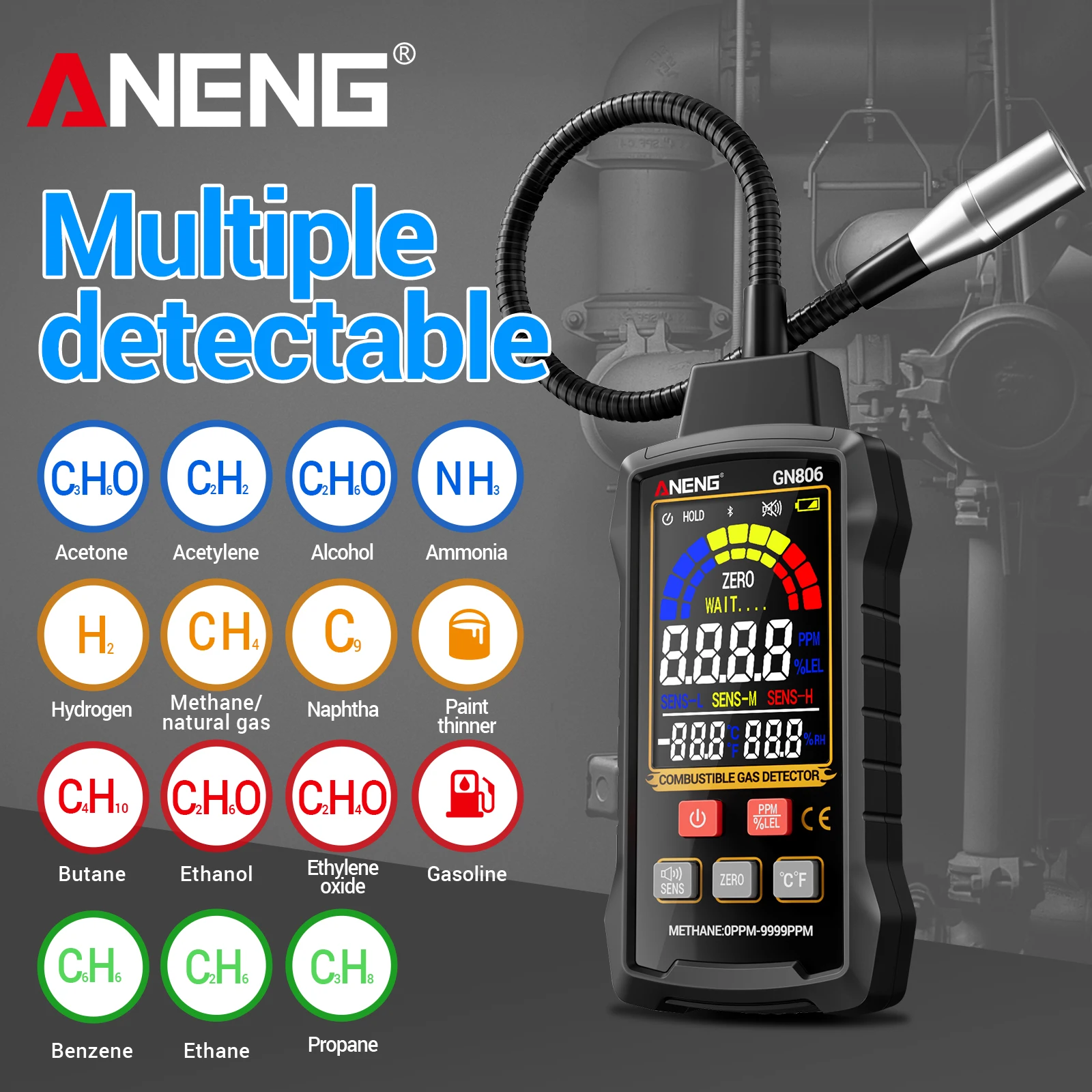 

Industrial grade combustible gas alarm supports PPM/LEL dual unit display and can detect multiple combustible gases ANENG GN806