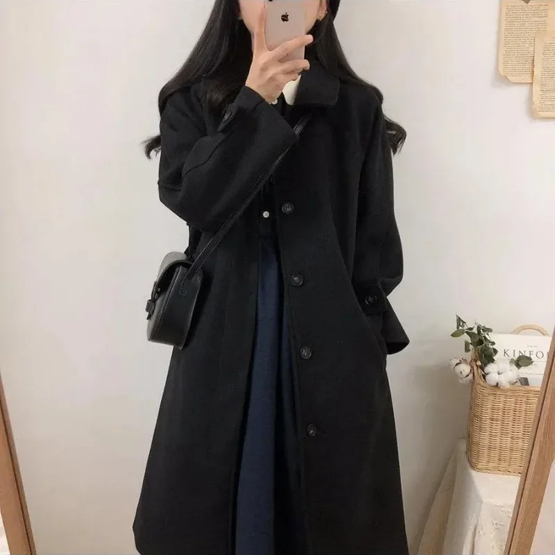 Women Elegant Black Blends Coats Autumn Winter Turn Collar Single Breasted Commute Coat Mid-Length Warm Chic Jackets New Parkas